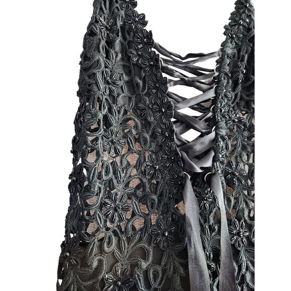 Claudia Arce Haute Couture M Black Lace Silk Sequins Sheer Beaded Dress - Picture 6 of 12